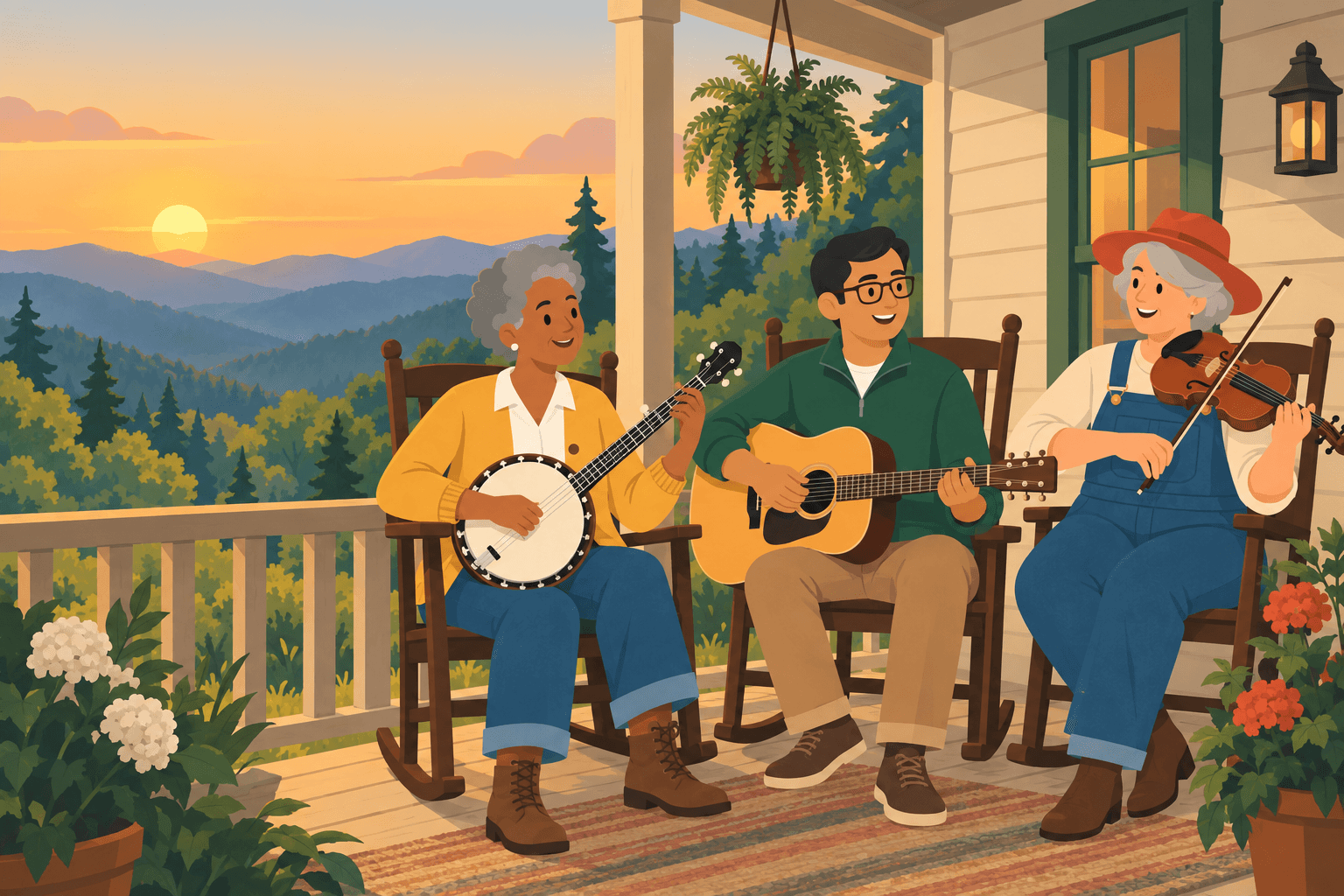 Three friends jam on a farmhouse porch at sunset, on banjo, guitar and fiddle, with mountain ridges behind them